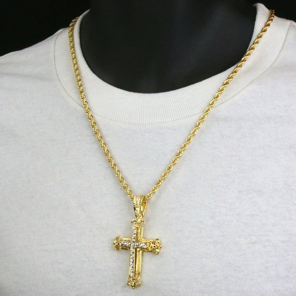 14k Gold Stamped Cross 24" Rope Chain + Pendant - Picture 2 of 6